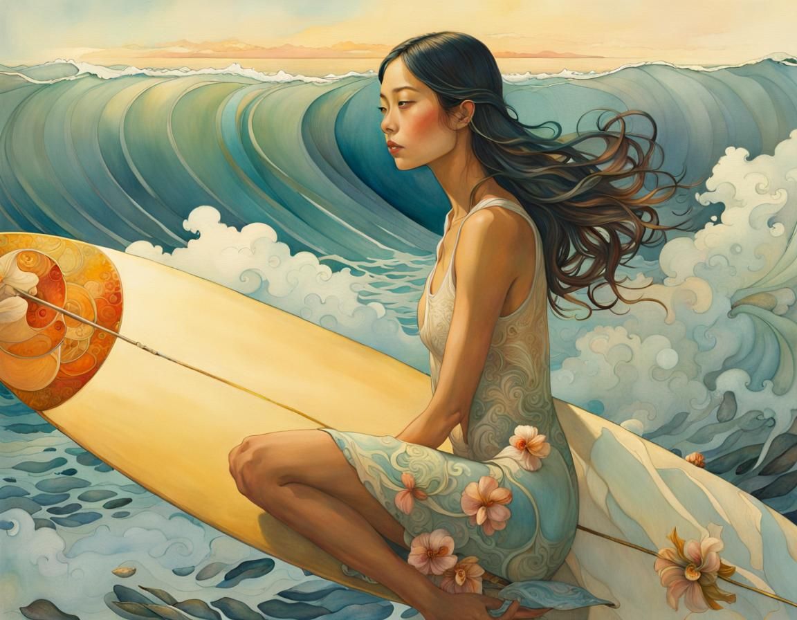 Surfer Pauses at Sea in Dreamy Surrealist Style