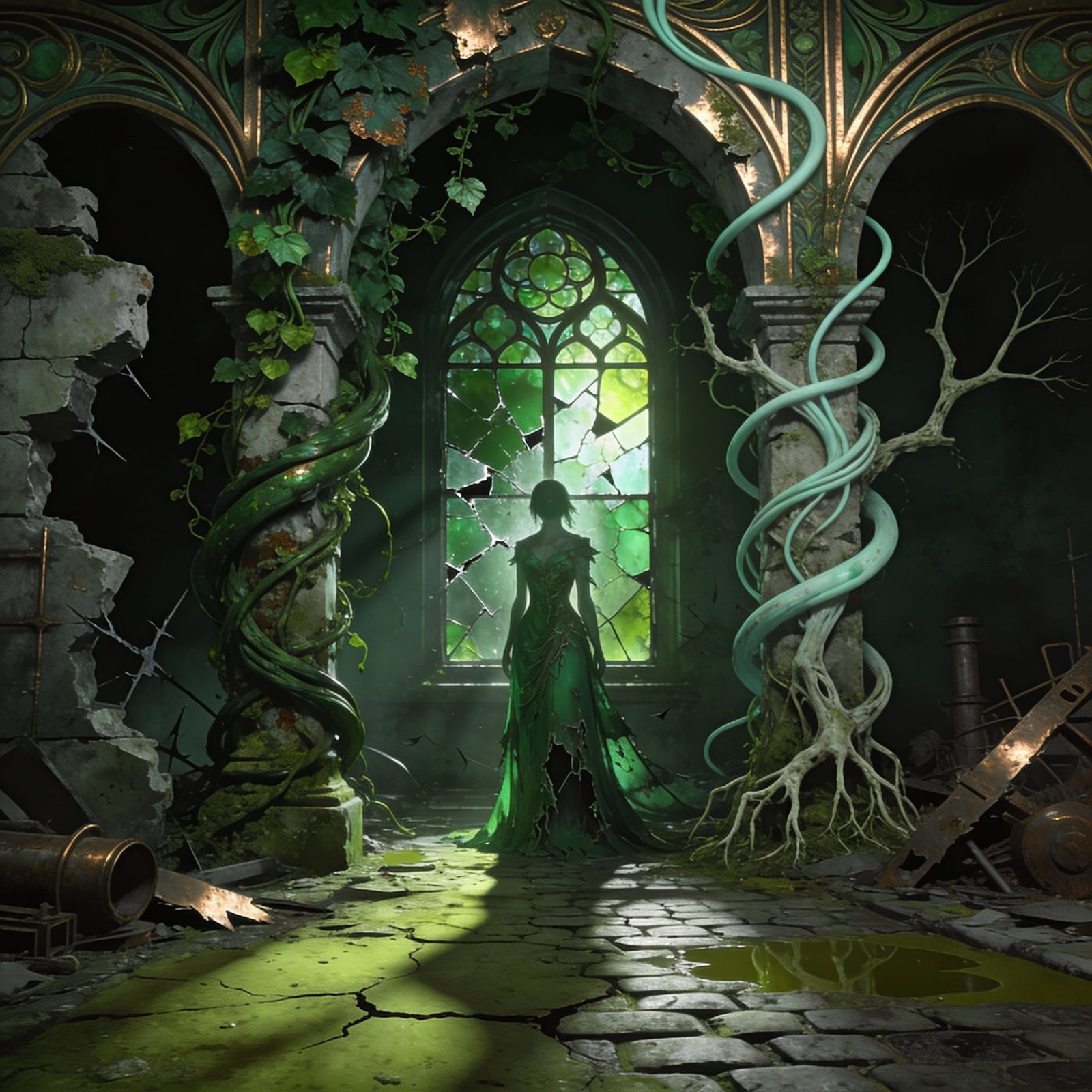 Grimdark Scenes in Green Art Nouveau Style