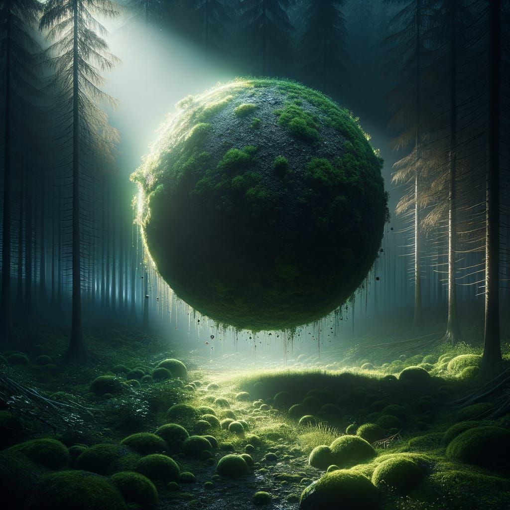 Levitating Moss Orb in Dark Fantasy Forest
