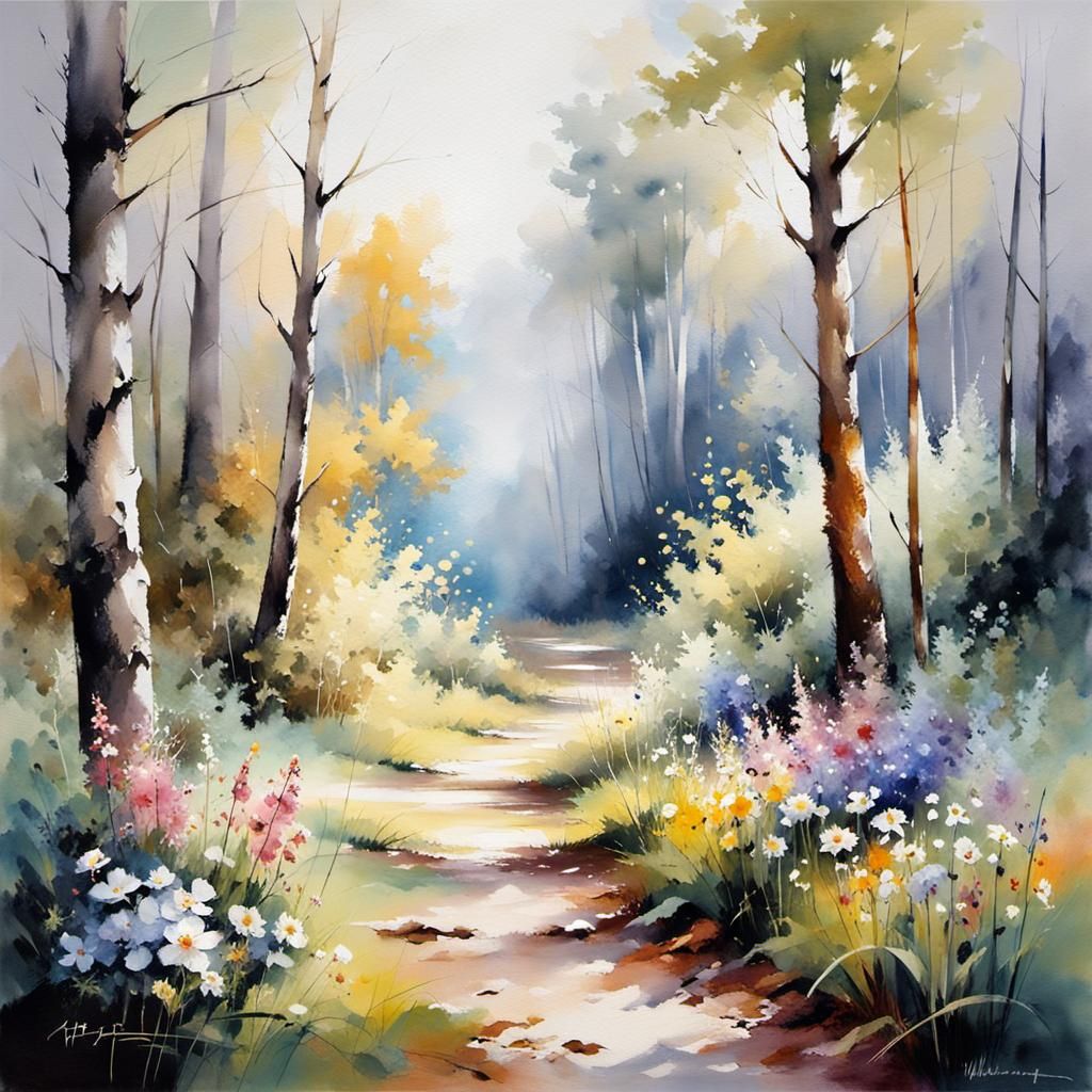 Spring Forest Path in Impressionistic Watercolor