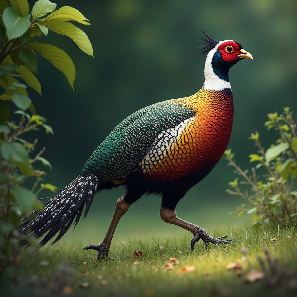 Diamond Pheasant Strutting Through Lush Greenery
