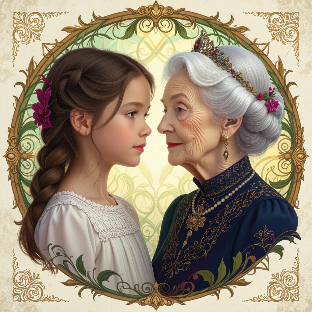 Hyper-Realistic Portrait of Young Girl and Old Woman