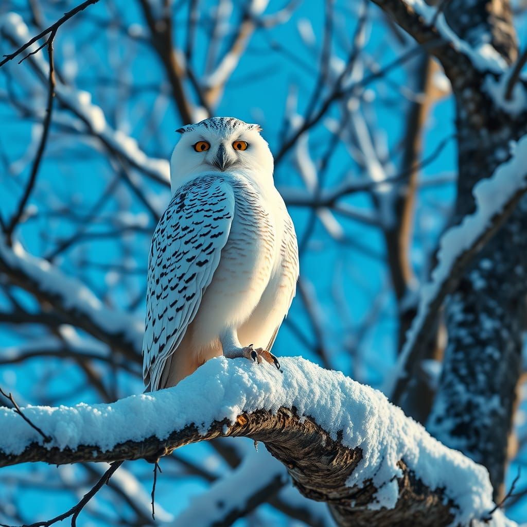 Snowy white owl perched on a snow-covered tree branch