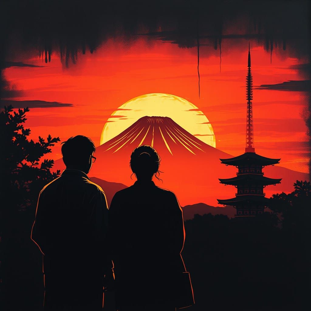 Surreal Sunset Scene with Japanese Figures and Mount Fuji