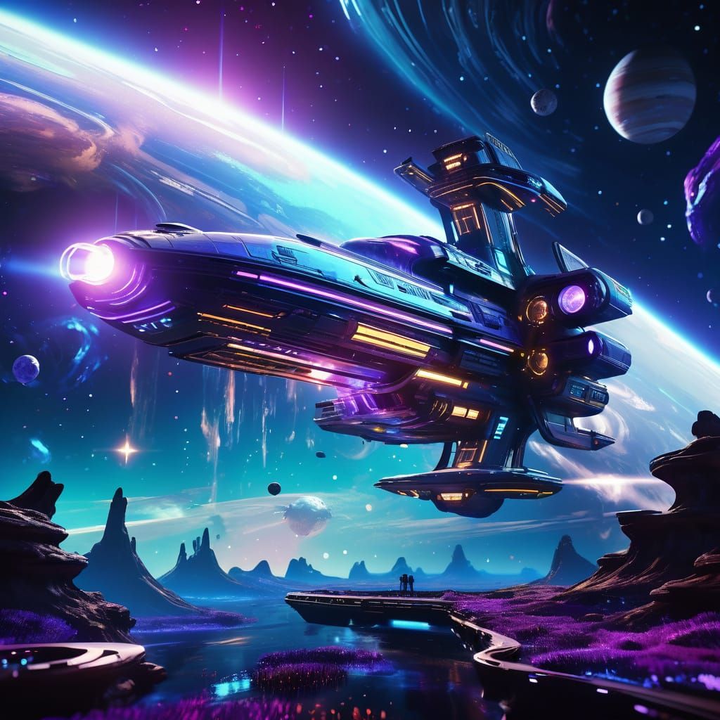 Gleaming Spacecraft Emerge from Cosmic Vortex in Vibrant, Ne...