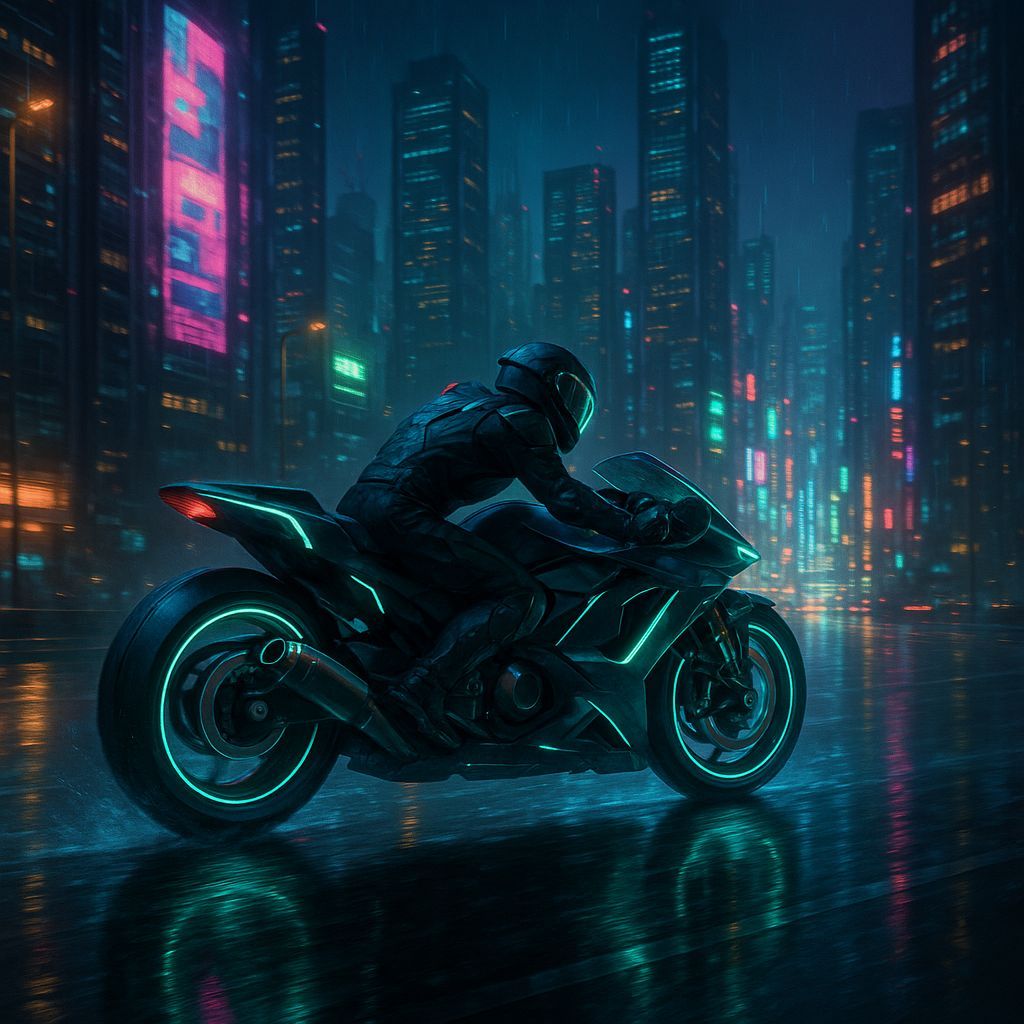 Futuristic Motorcycle Races Through Neon Cyberpunk Cityscape