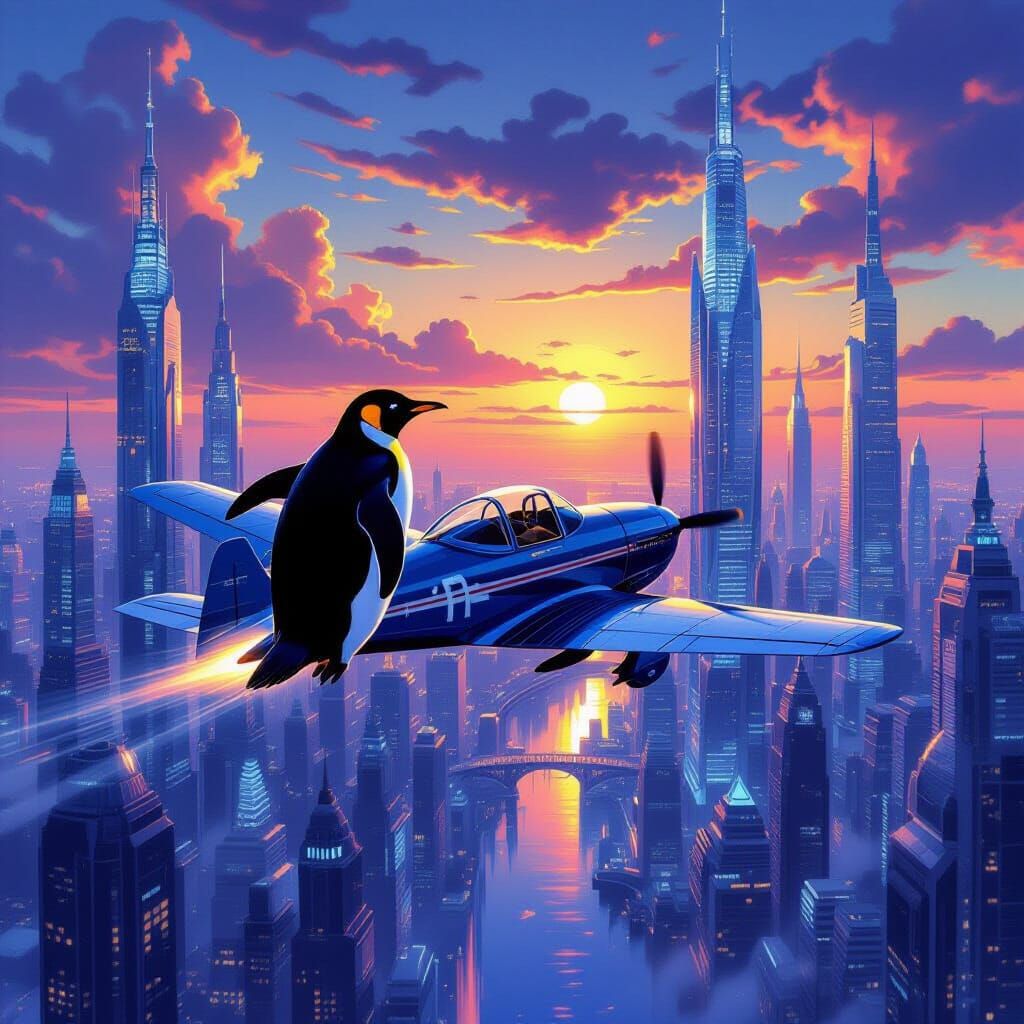 Penguin Pilot Over Futuristic Metropolis in Fantasy Style
