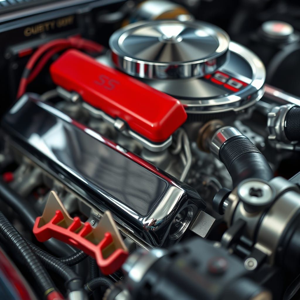 1970 Chevelle SS Engine Macro: Chrome, Red, Studio Detail