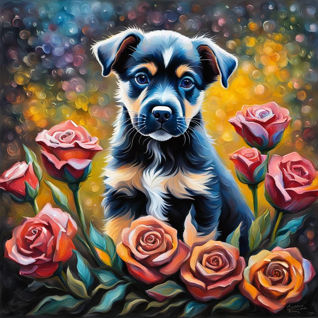 Lapponian Herder Puppy with Roses, Neo-Impressionist Style