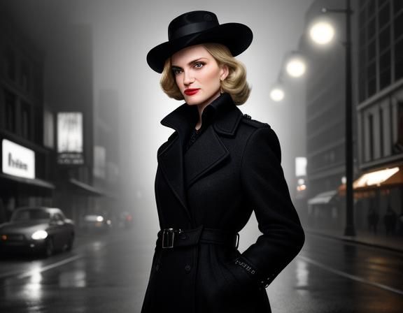 1940s Film Noir Woman in Foggy City