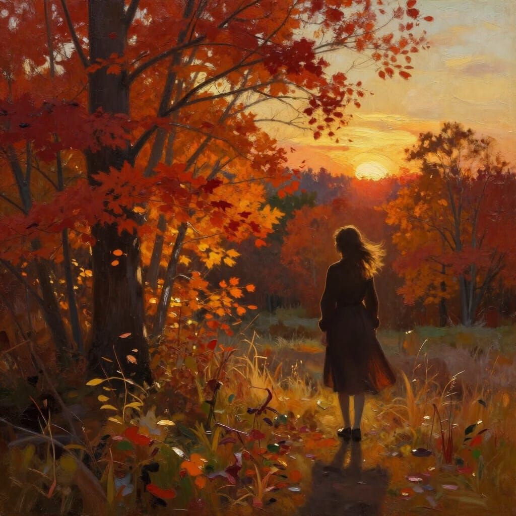Lone Girl in Vibrant Fall Landscape Oil Painting