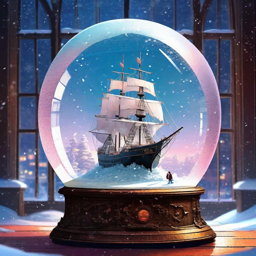 Frozen Ship in Snow Globe with Sakura Petals