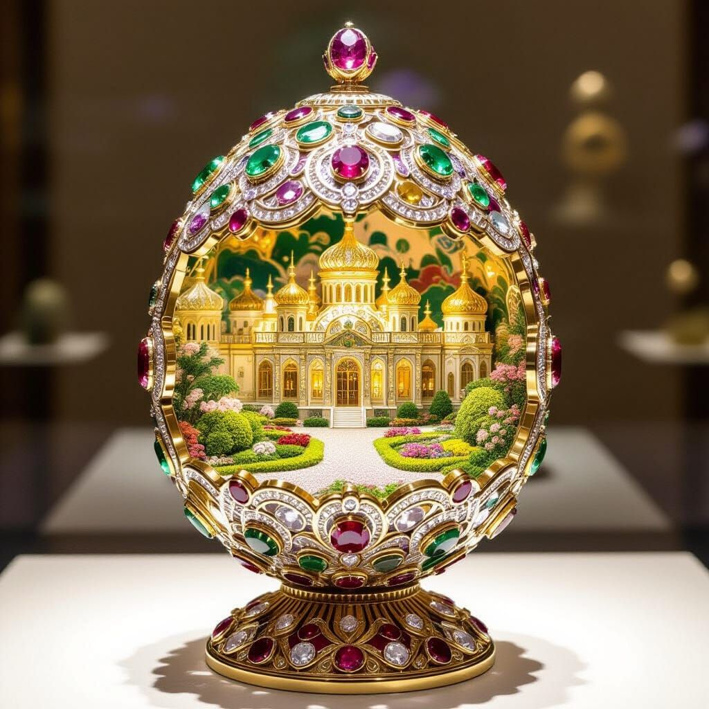 Imagine a miniature world inside a Fabergé egg, with tiny, ornate palaces and lush gardens crafted from precious gems an...