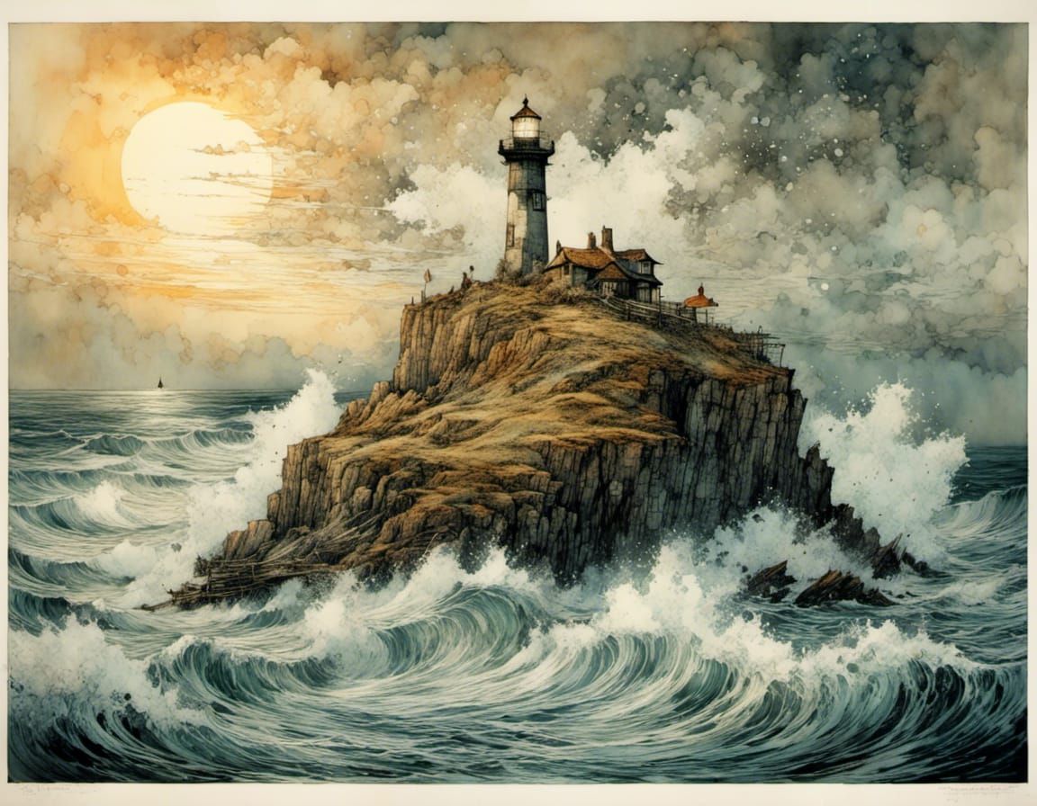 Dramatic Lighthouse Sunset Scene in Romantic Style