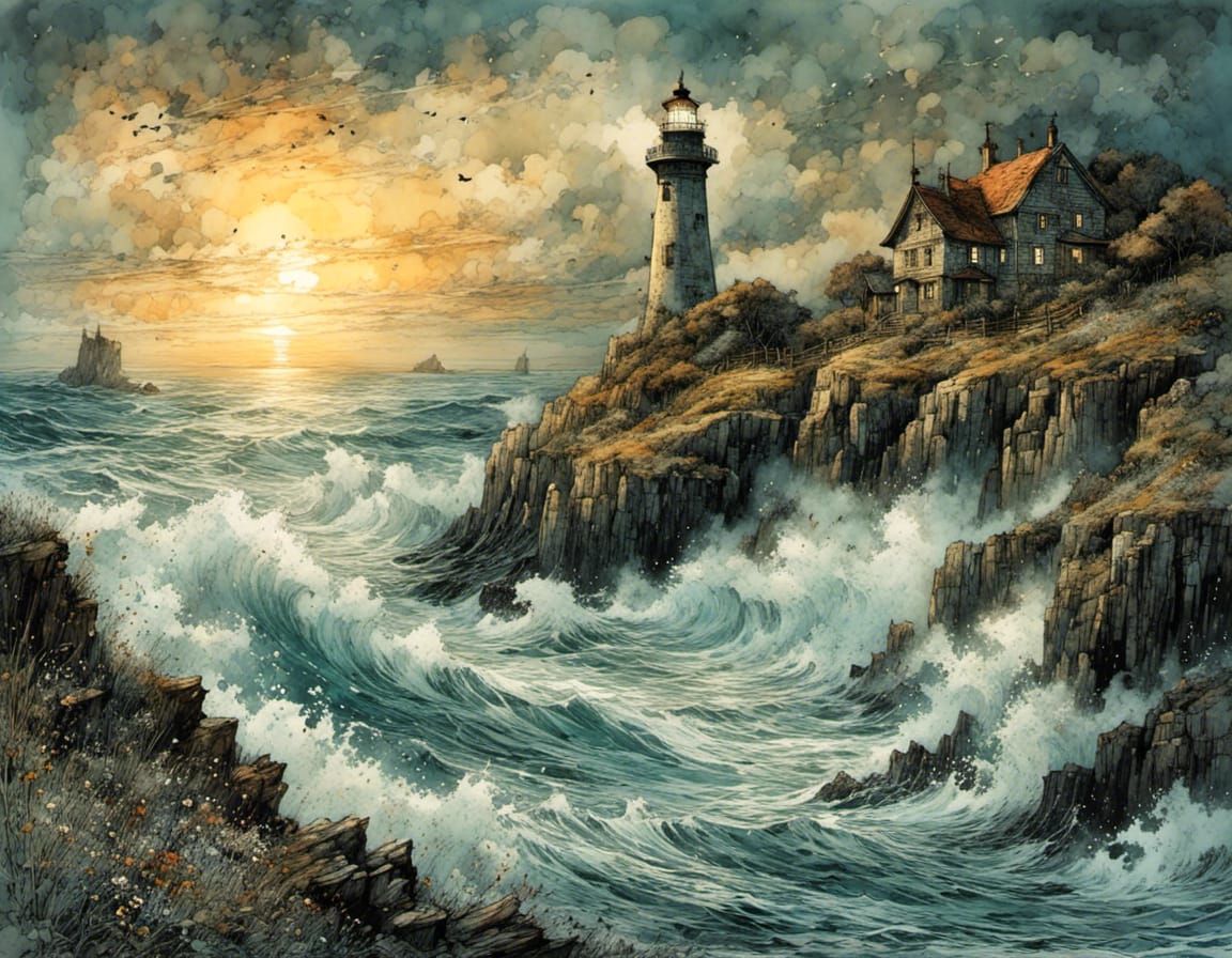 Mysterious Sunset Lighthouse Amidst a Florid, Wave-Battered ...