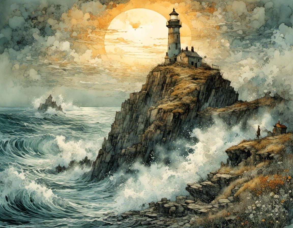 Lighthouse on Flowering Cliff Amidst Giant Waves at Sunset