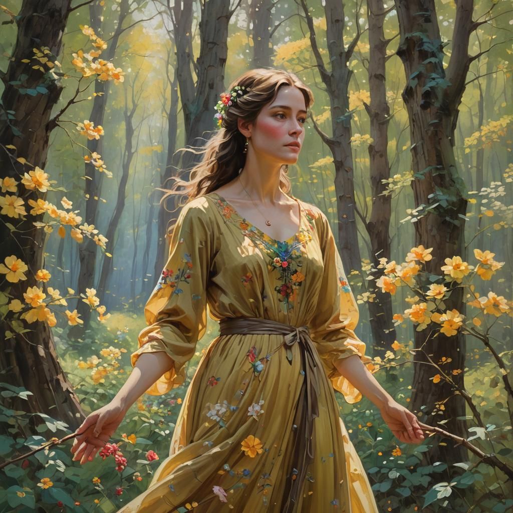 Ethereal Woman in Garden: Impressionistic Oil Painting