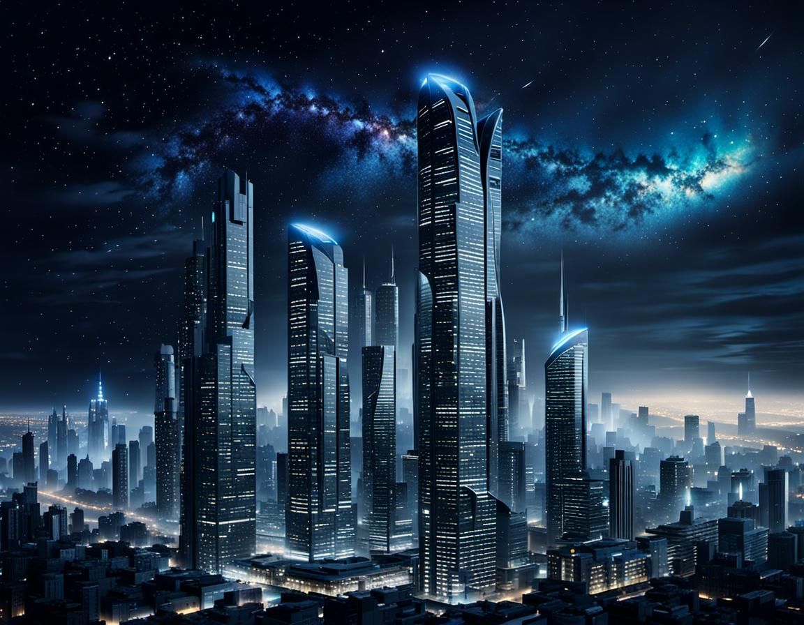 Futuristic Metropolis with Milky Way, Cinematic Photorealism