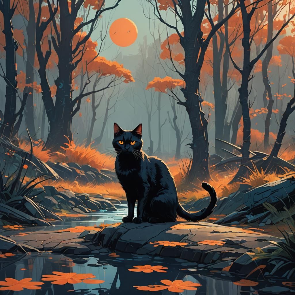 Cartoon Black Cat with Long Tail, Fantasy Art