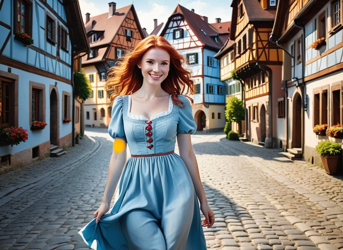 Smiling Woman in Bavarian Town: Watercolor Style