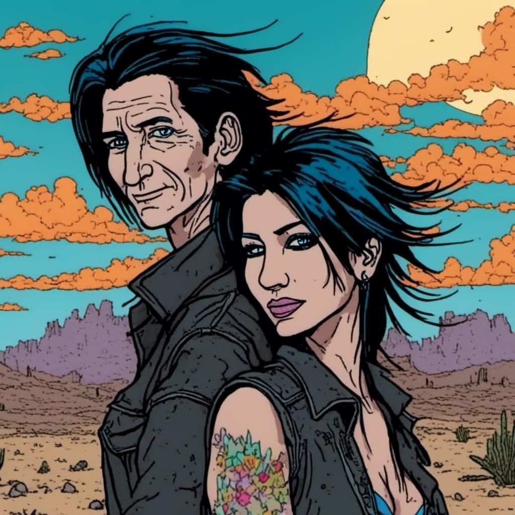 Desert Wasteland: Two Figures in Moebius Style