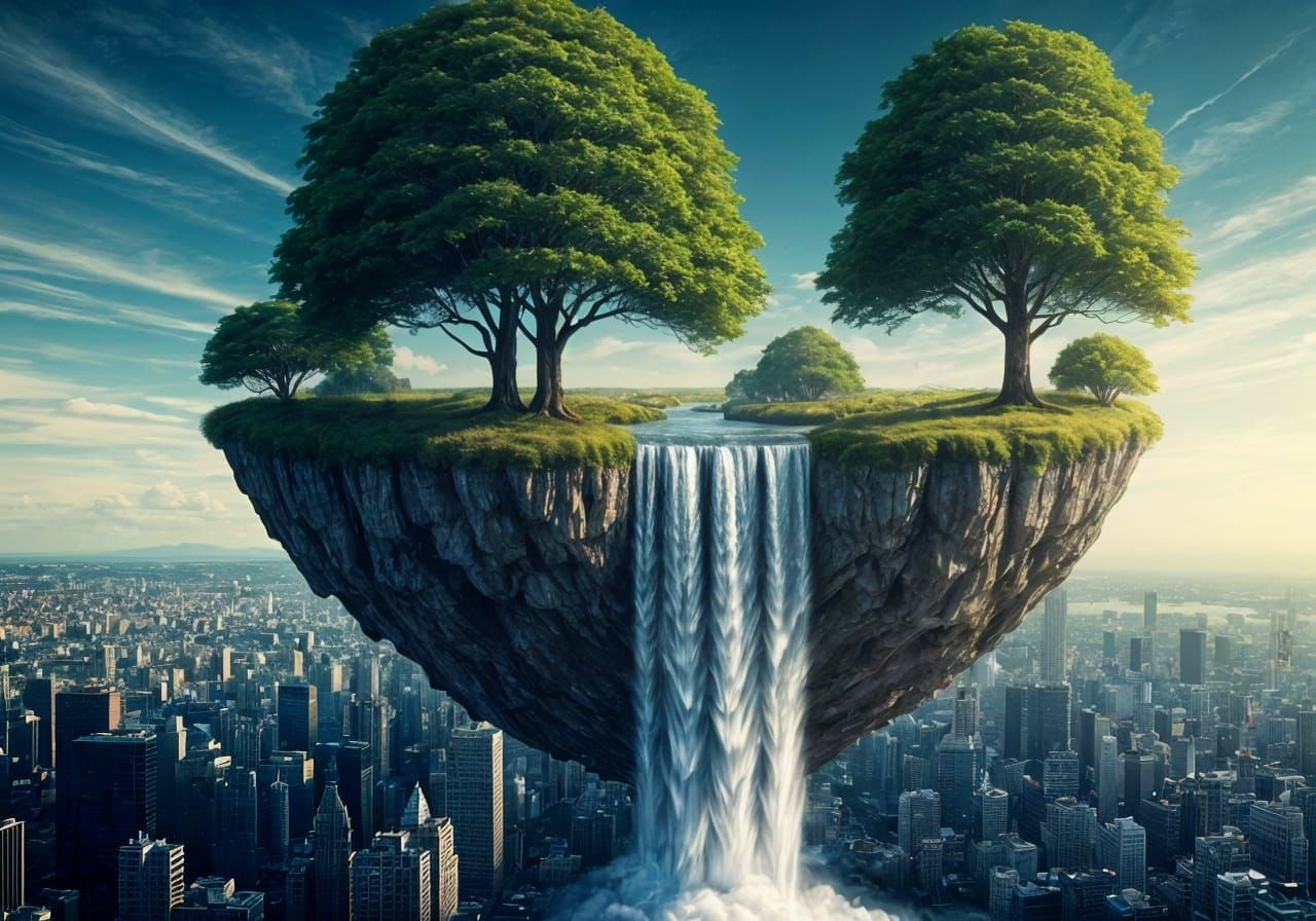 Floating Island Forest Above City: Surreal Digital Art