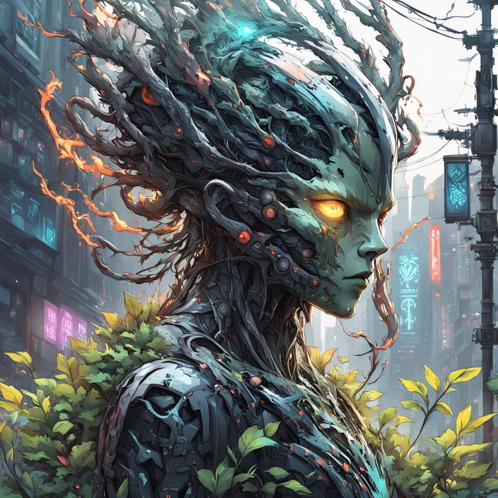 Cybernetic Nature Synthesis in Futuristic Landscape
