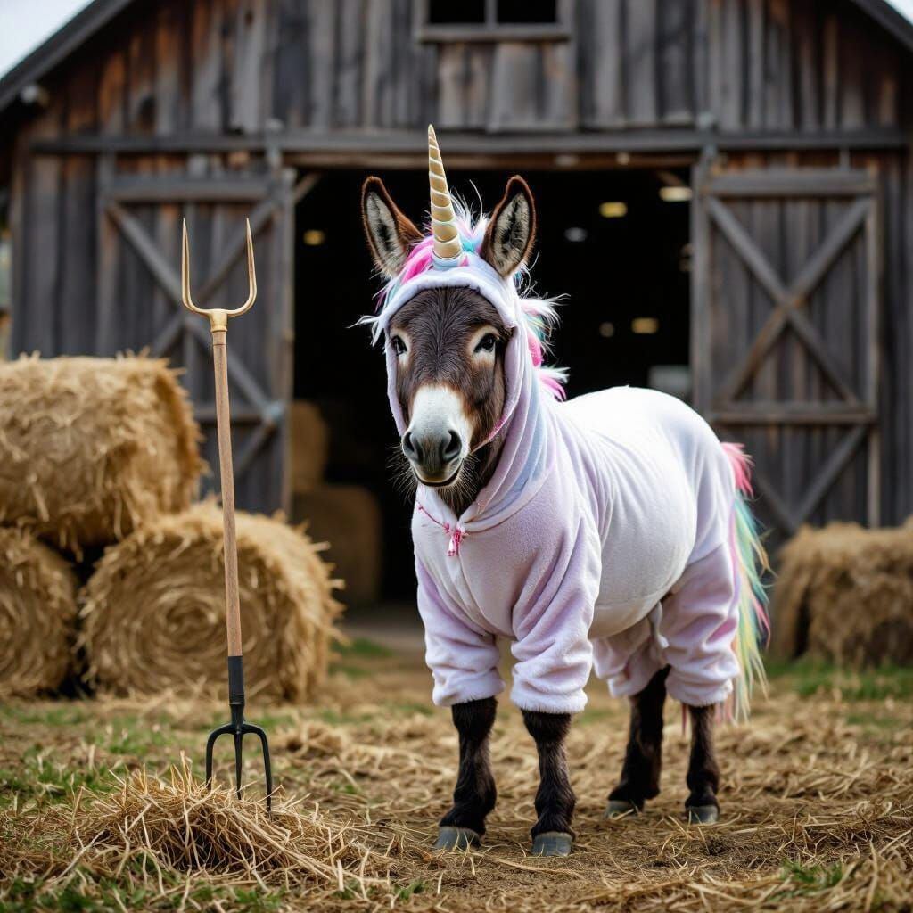 Donkey in Unicorn Costume Before Barn