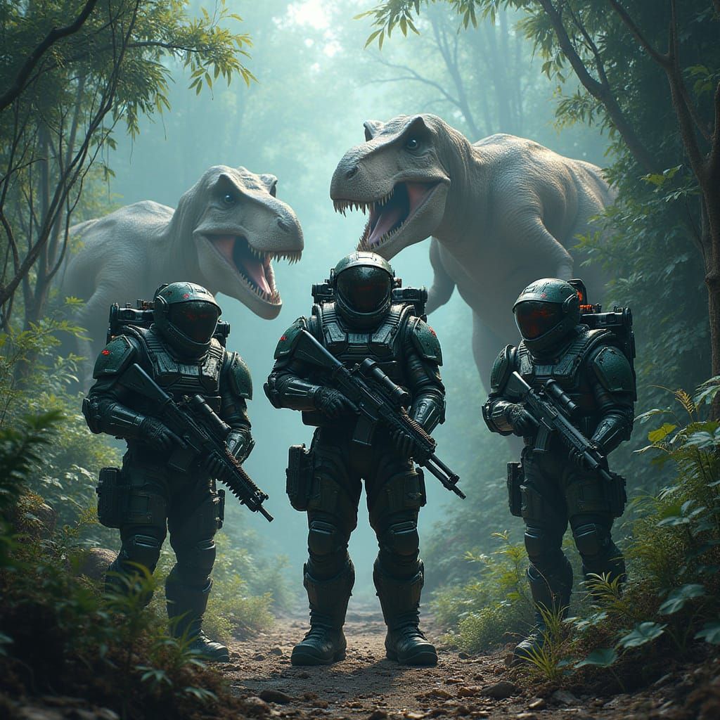 Cyberpunk Space Marines on Prehistoric Jungle Planet