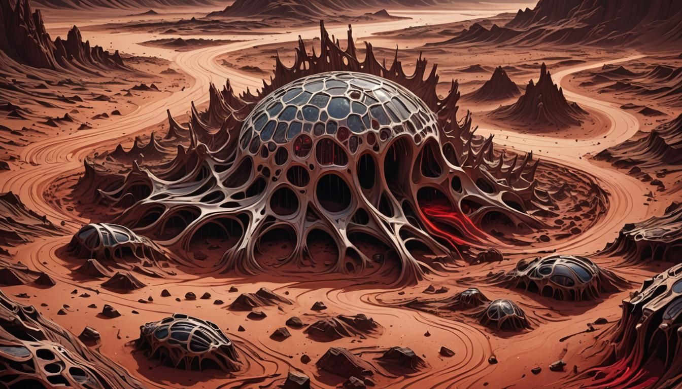 Martian Fish Bone Structure in Retro-Futuristic Comic Style