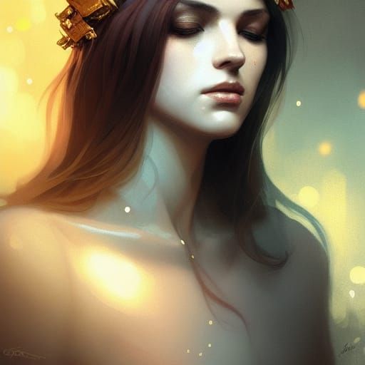 Woman with Gold Crown and Crow: Detailed Portrait