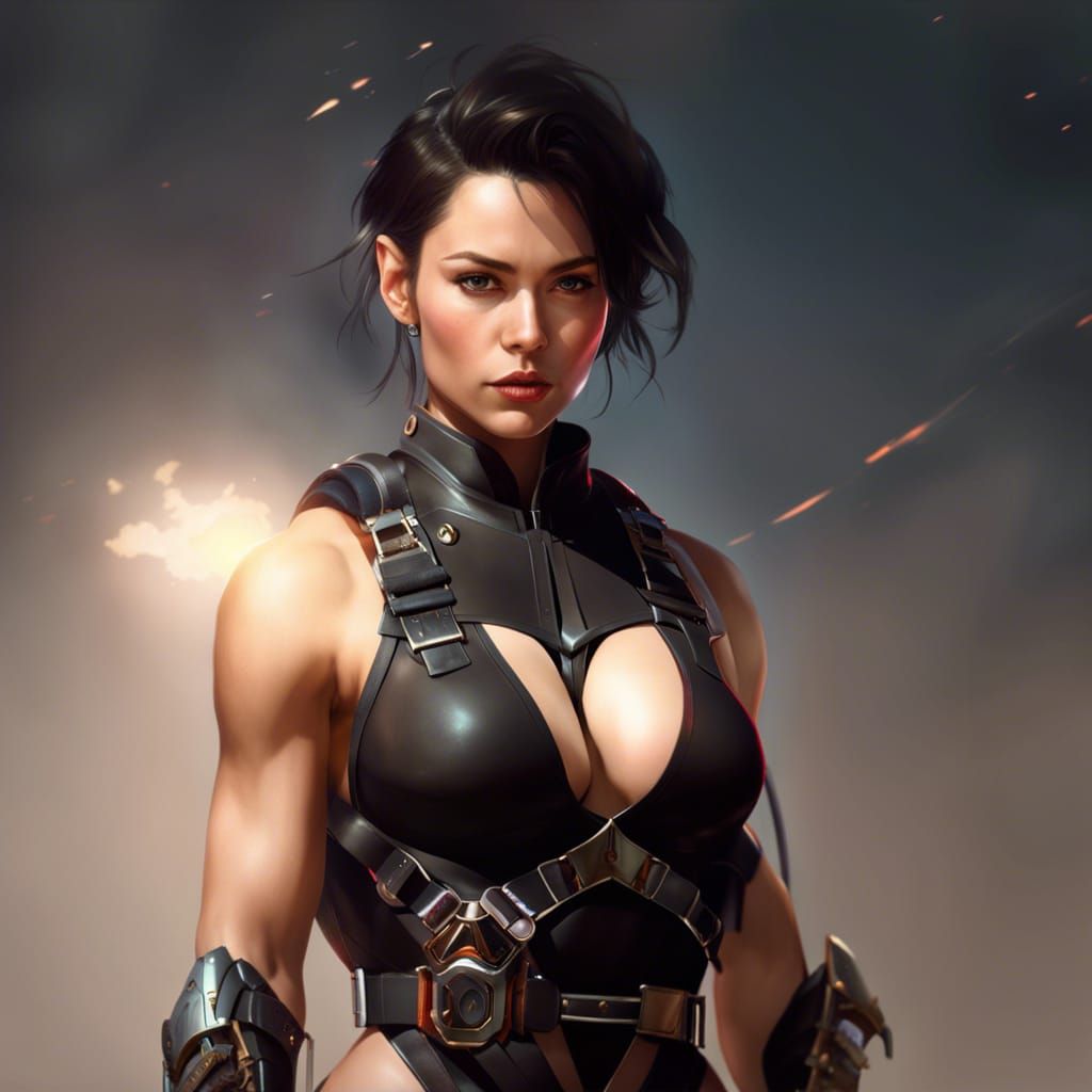 Muscular Tomboy in Harness: Dark Sci-Fi Concept Art