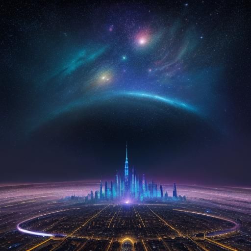 Surreal Iridescent Cityscape Under Starry Night Sky