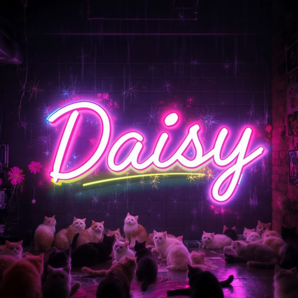 Neon "Daisy" Sign Surrounded by Cats in Synthwave Style