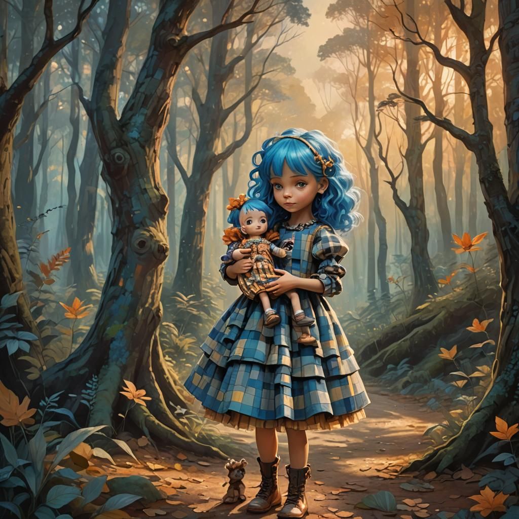 Blue-Haired Girl in Mystical Forest: Digital Art