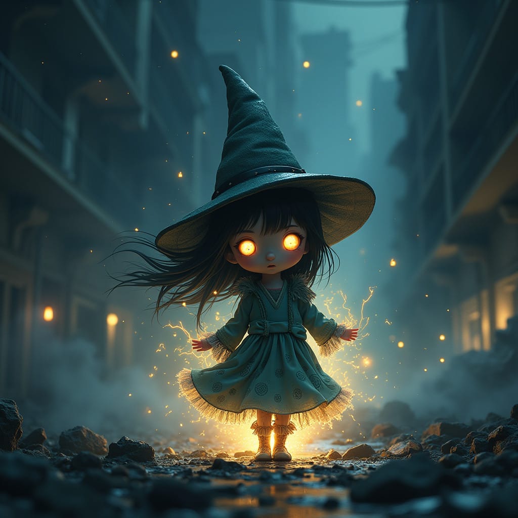Magical Witch Girl in Eerie Urban Nightscape