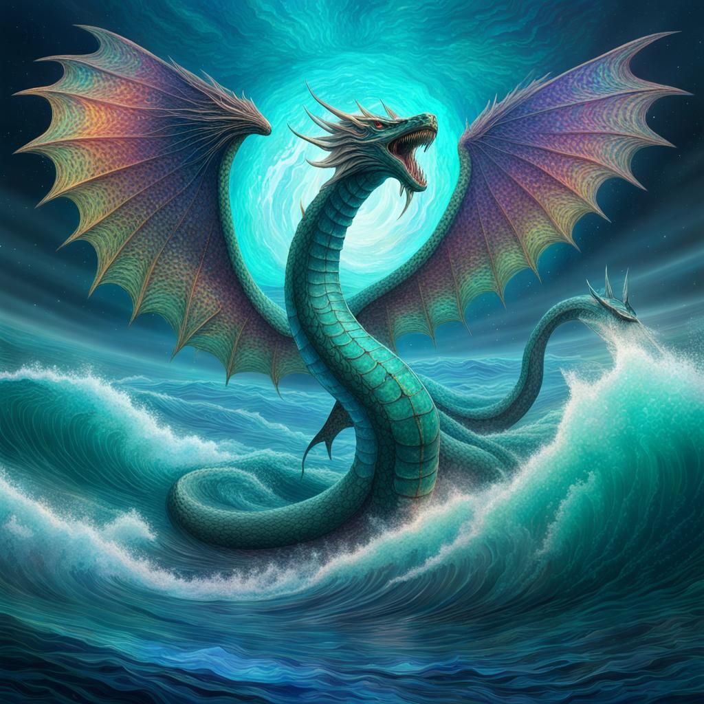 Winged Sea Serpent Emerges: Holographic Astral Illustration