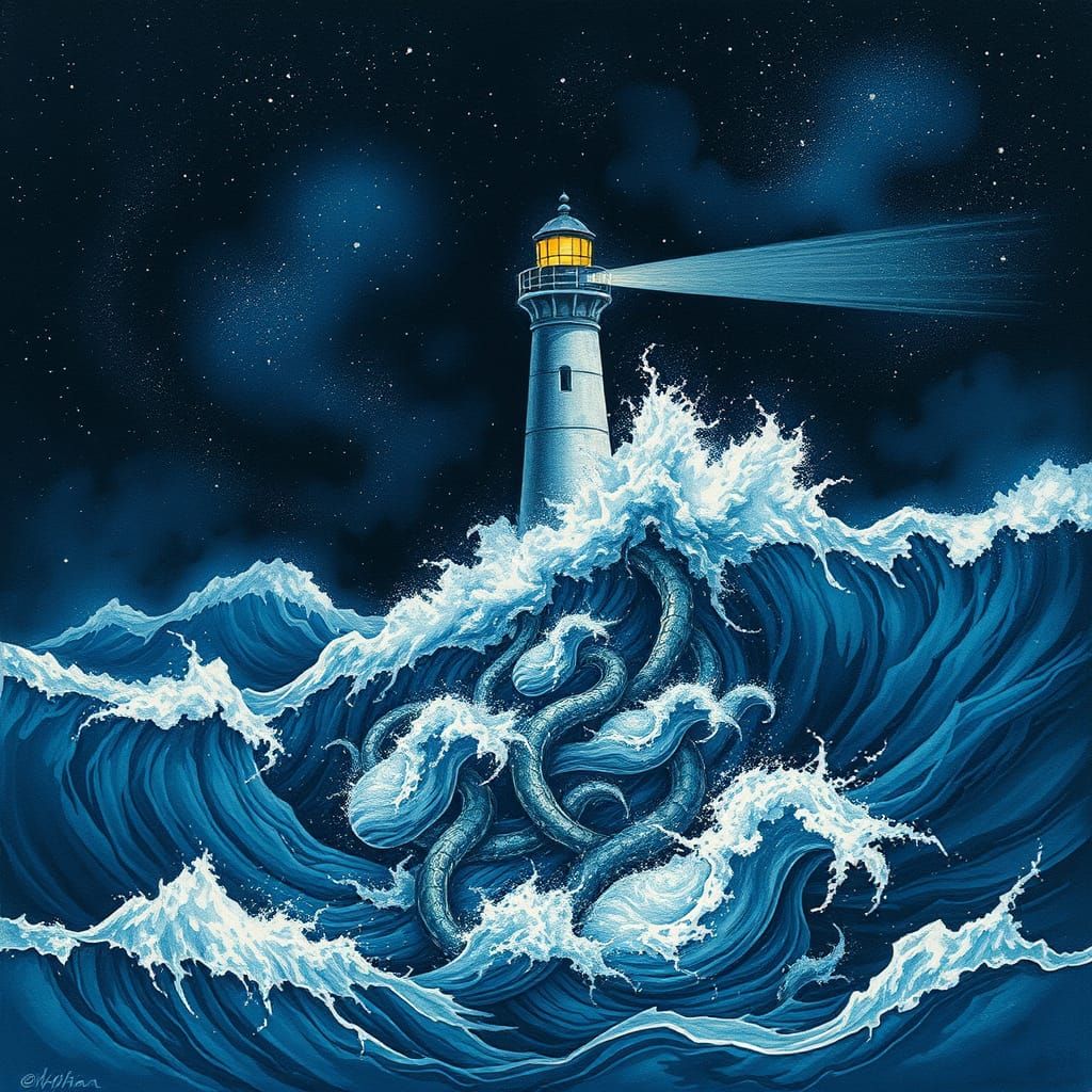 Majestic Stormy Seascape at Midnight with Defiant Lighthouse