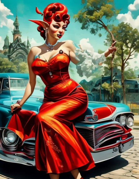 Vintage Pin-Up Rockabilly Elf Woman Leans on Classic Truck