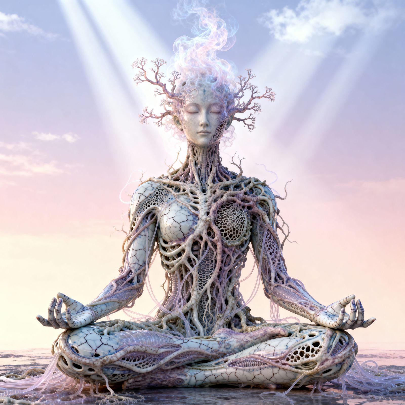 Root Figure Meditating in Biomechanical Style