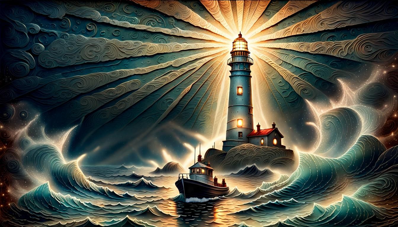 Vintage Embossed Lighthouse Art with Starry Sky