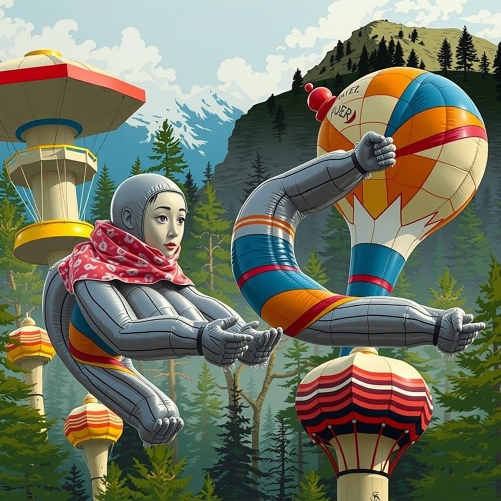 Surreal Balloon Figures in Silhouetted Forest, Linocut Style