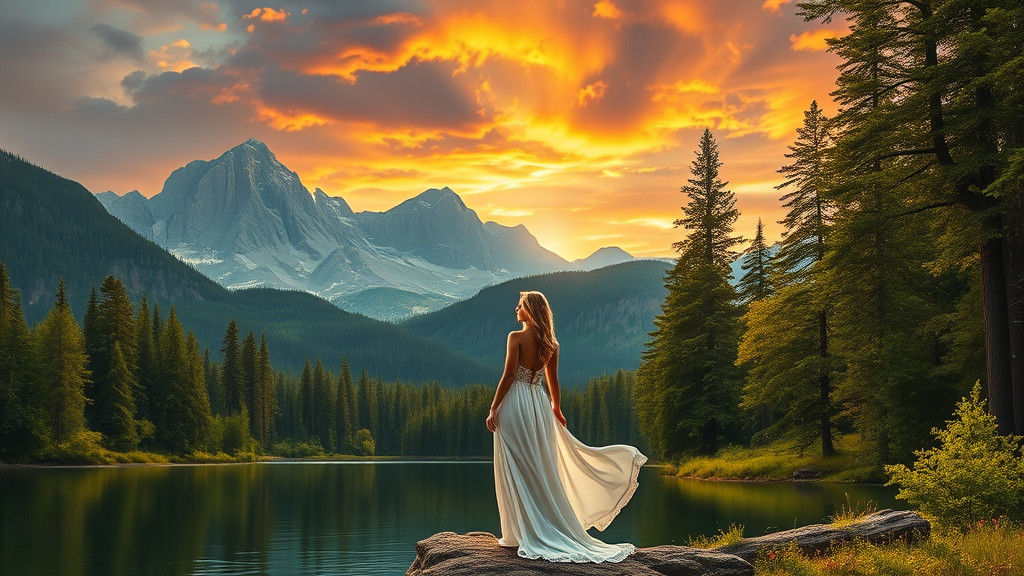 Woman at Lake with Mountain Sunset in Romantic Style
