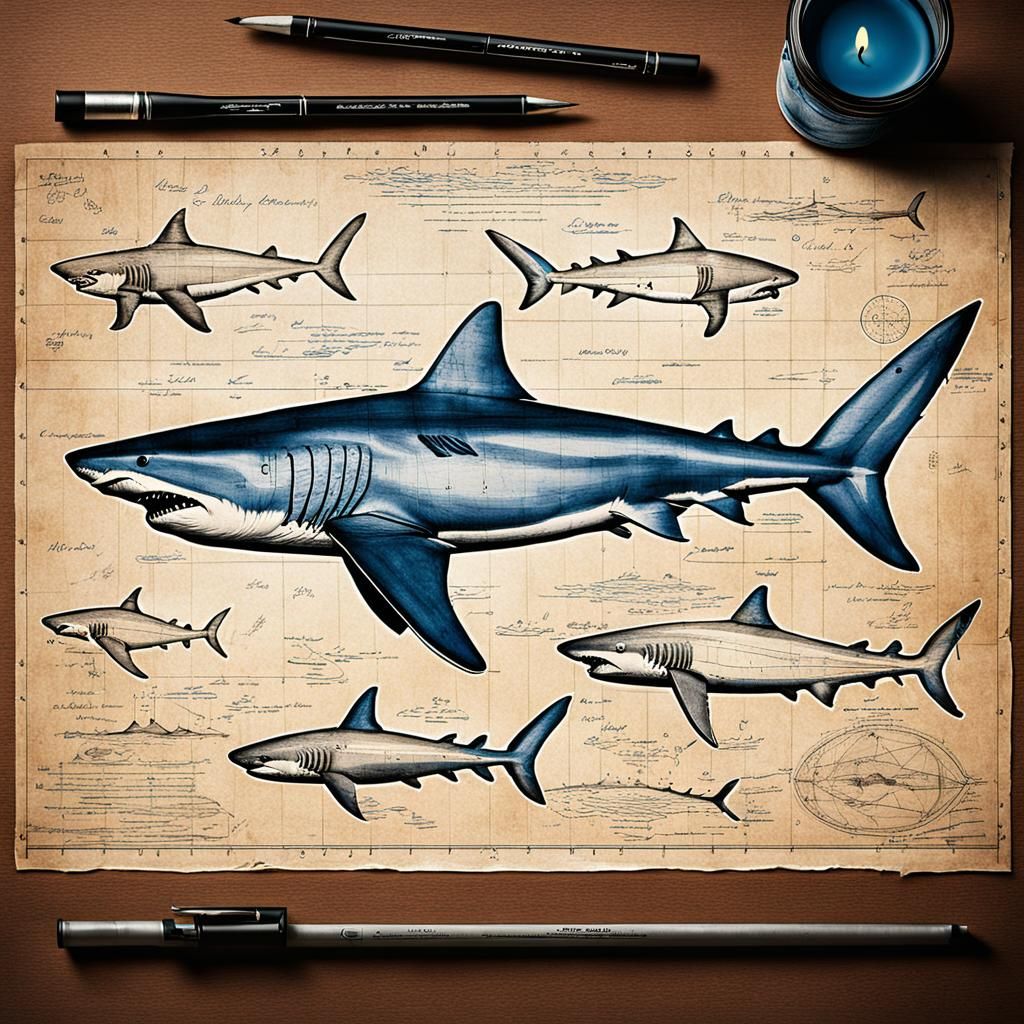 Detailed Shark Blueprint on Parchment