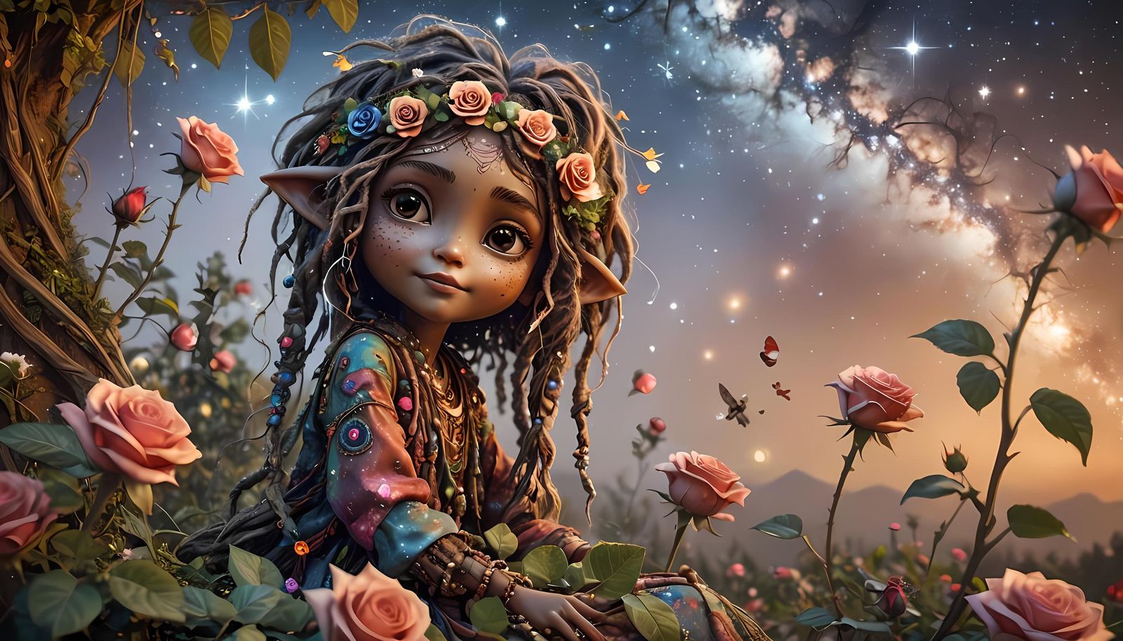 Whimsical Hippie Pixie in Rose Garden, Digital Art