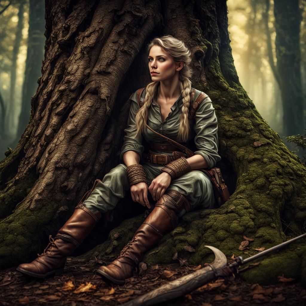 Female Hunter Resting in a Fantasy Forest