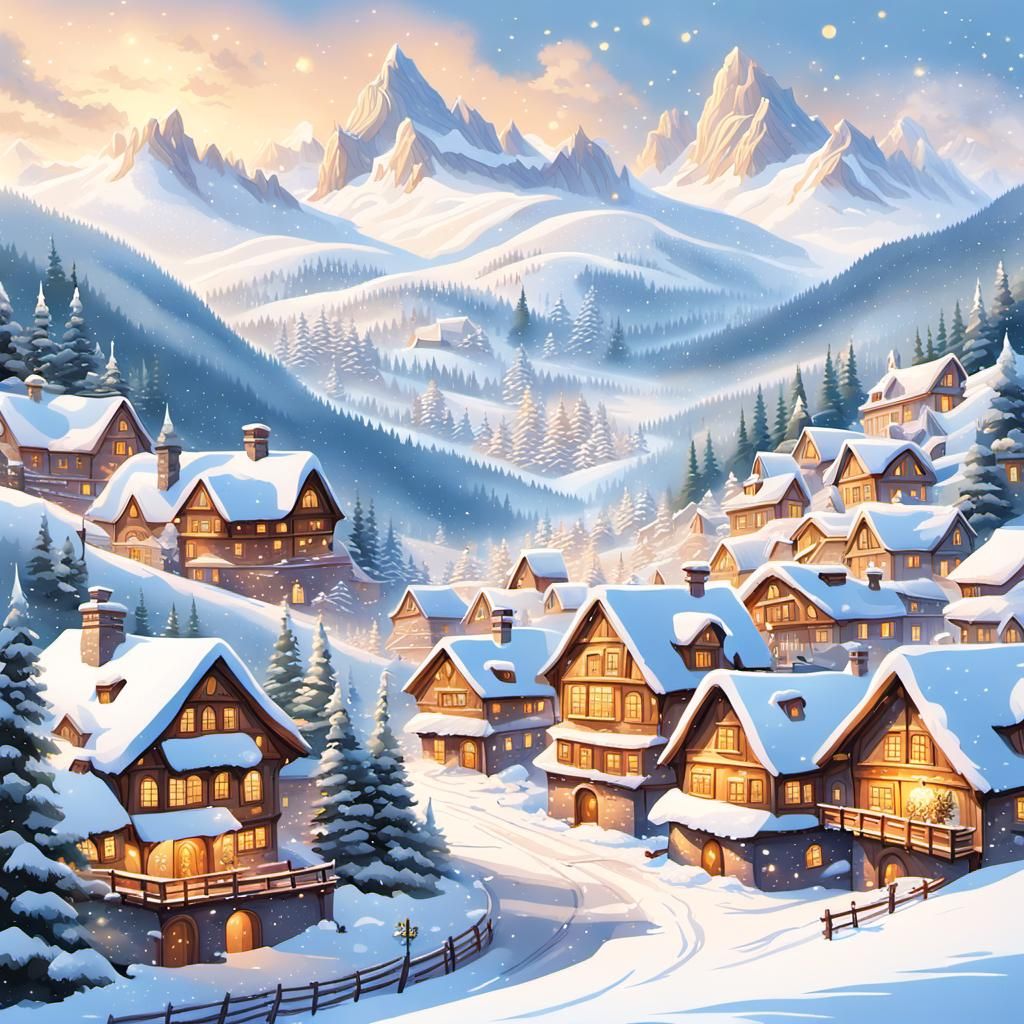 Mythical Alpine Village in Winter Storybook Illustration