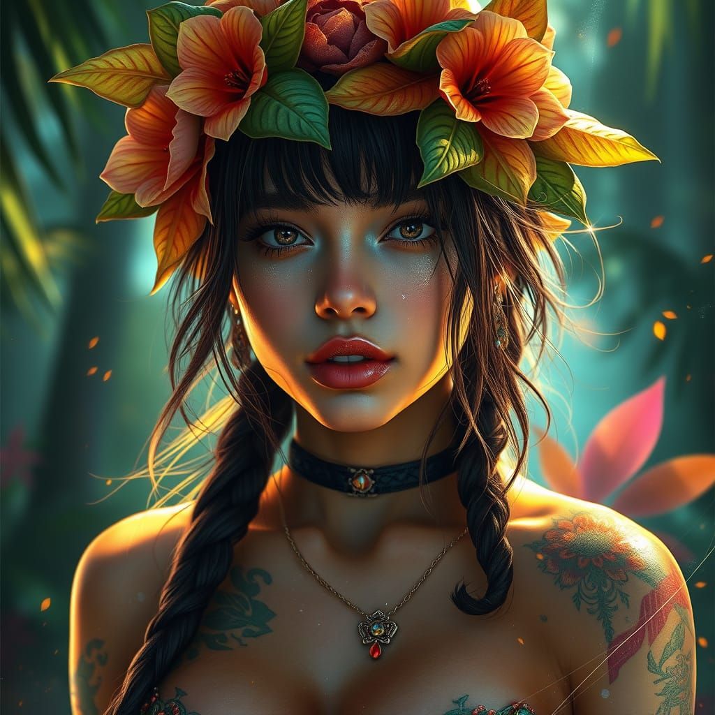 Tropical Wonder Girl in Vibrant Cyberpunk Style