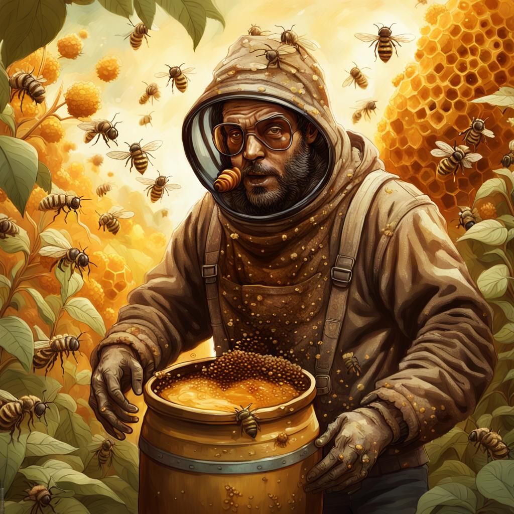 Man Covered in Bees Holding Honey Pot