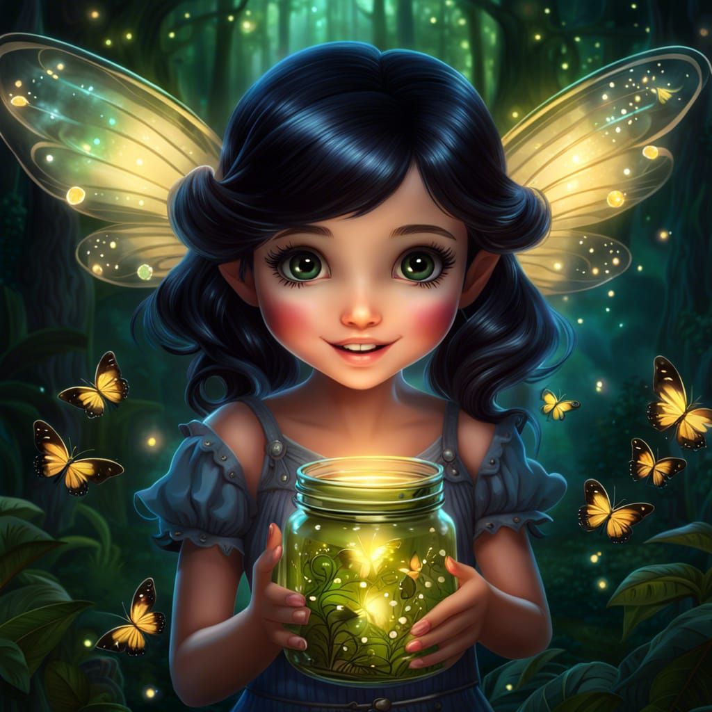 Dark-Haired Fairy with Fireflies, Digital Art